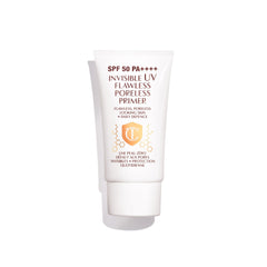 Charlotte Tilbury Invisible UV Flawless Primer bottle showing weightless, invisible finish for all skin tones.