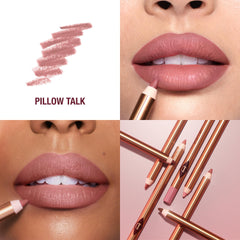 Charlotte Tilbury Lip Cheat Pillow Talk applied lip demonstrates fuller-looking pout with precise outline.