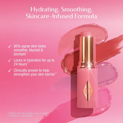 Charlotte Tilbury Unreal Healthy Glow Blush Stick swatch reveals rosy, luminous glow.