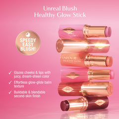 Charlotte Tilbury Unreal Healthy Glow Blush Stick cream texture for buildable color.