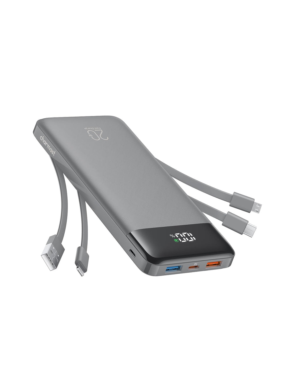 Charmast power bank front view with built in cables for on the go charging.