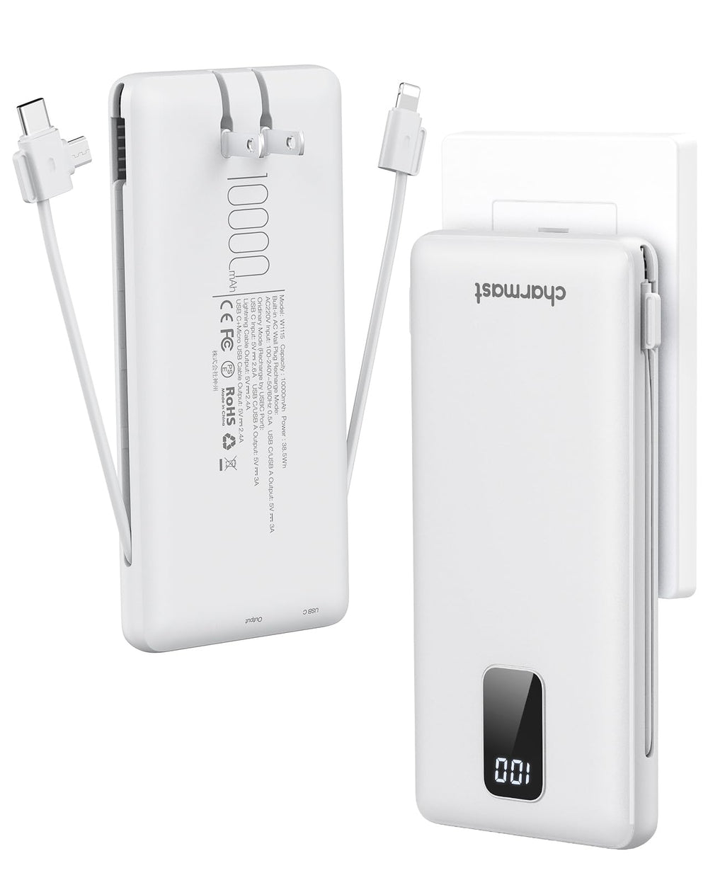 Charmast built-in cables shown for clutter-free charging on the go.