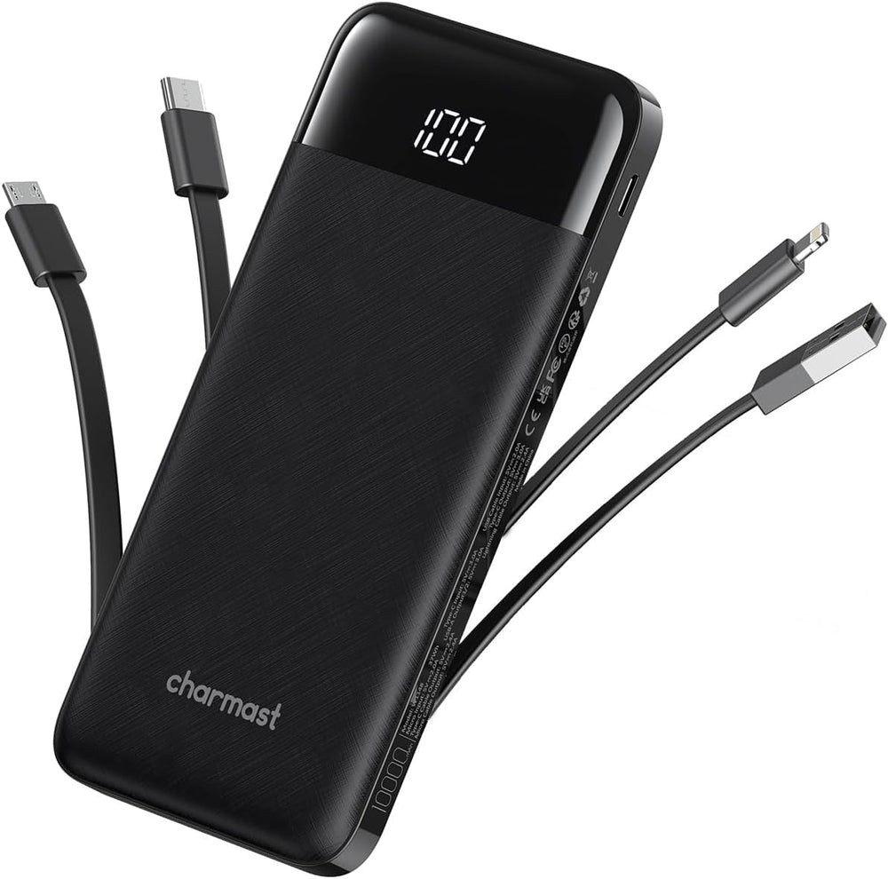 Charmast portable charger built-in cables for convenient on-the-go charging.