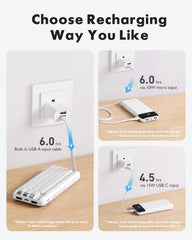 Recharge options include built-in cable, USB-C, or Micro-USB.