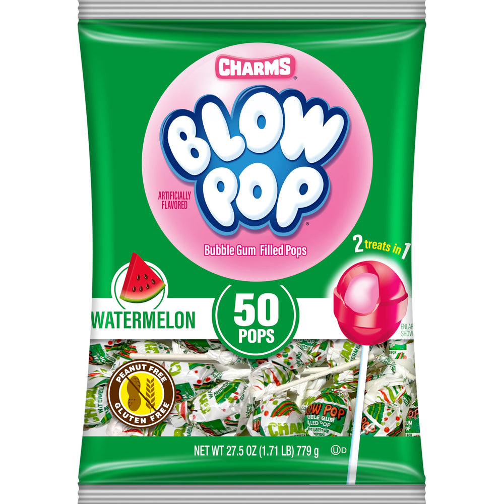 Charms Blow Pops Watermelon shell candy with a bubble gum center, a fruity treat suitable for gatherings.