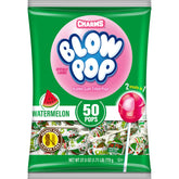 Charms Blow Pops Watermelon shell candy with a bubble gum center, a fruity treat suitable for gatherings.