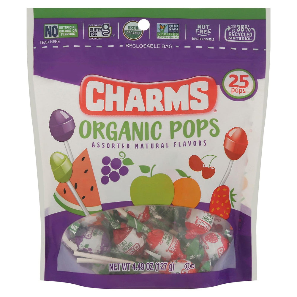 Charms Organic Pops assortment ready-to-enjoy, gluten-free and nut-free snack.
