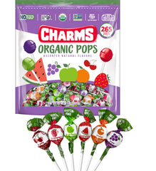 Charms Organic Pops cherry flavor close-up—gluten-free and non-GMO snack idea.