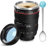 Chasing Y camera lens mug with lid, leak-proof design for traveling photographers.
