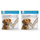 Checkups Dental Dog Treats two-pack on kitchen counter promoting fresh breath and plaque control.