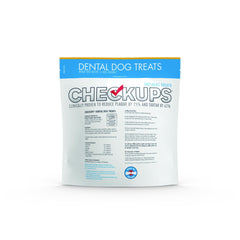 Open Checkups Dental Dog Treats package showing texture for dental care routines.