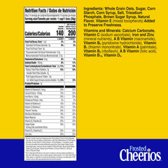 Cheerios Frosted family-size box on kitchen shelf, ideal for quick breakfasts.
