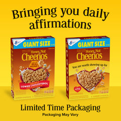 Cheerios Honey Nut Cereal affirmations box closeup highlights positive messaging.