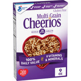 Cheerios Multi Grain box front shows gluten-free claim and whole grain branding for a wholesome breakfast.
