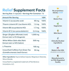 Cheers Relief bottle highlighting natural caffeine for a gentle morning lift