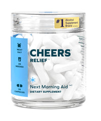 Cheers Relief bottle showing ginger capsules for a smoother morning after drinking