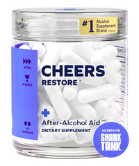 Cheers Restore bottle-front-label highlights DHM and cysteine for potential next-day comfort