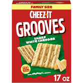 Cheez-It Grooves Sharp White Cheddar crackers in a box, bold flavor ready to enjoy.