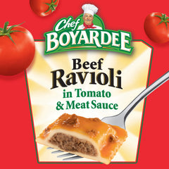Chef Boyardee Beef Ravioli with enriched pasta and tomato sauce.