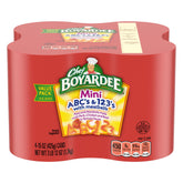 Chef Boyardee Mini ABC's and 123's meatballs can on shelf, quick family meal option.