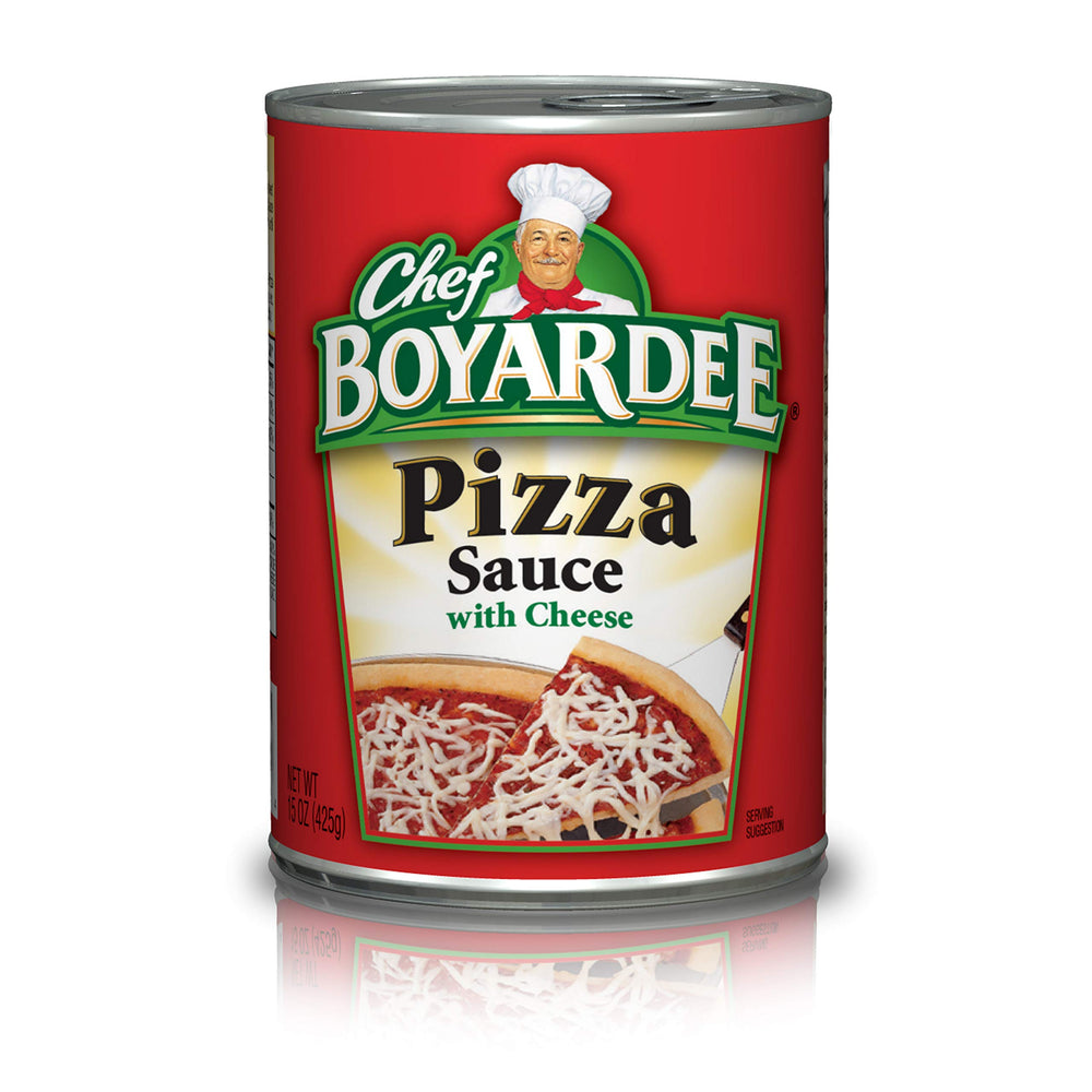 Chef Boyardee Pizza Sauce with Cheese can front shows authentic flavor for quick pizza night