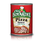Chef Boyardee Pizza Sauce with Cheese can front shows authentic flavor for quick pizza night