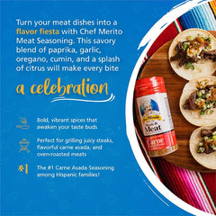 Seasoned steak on a grill showcasing Chef Merito