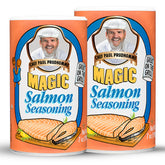Chef Paul Prudhomme's Salmon Magic seasoning jar highlights bold seafood flavor.