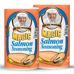Chef Paul Prudhomme's Salmon Magic seasoning jar highlights bold seafood flavor.