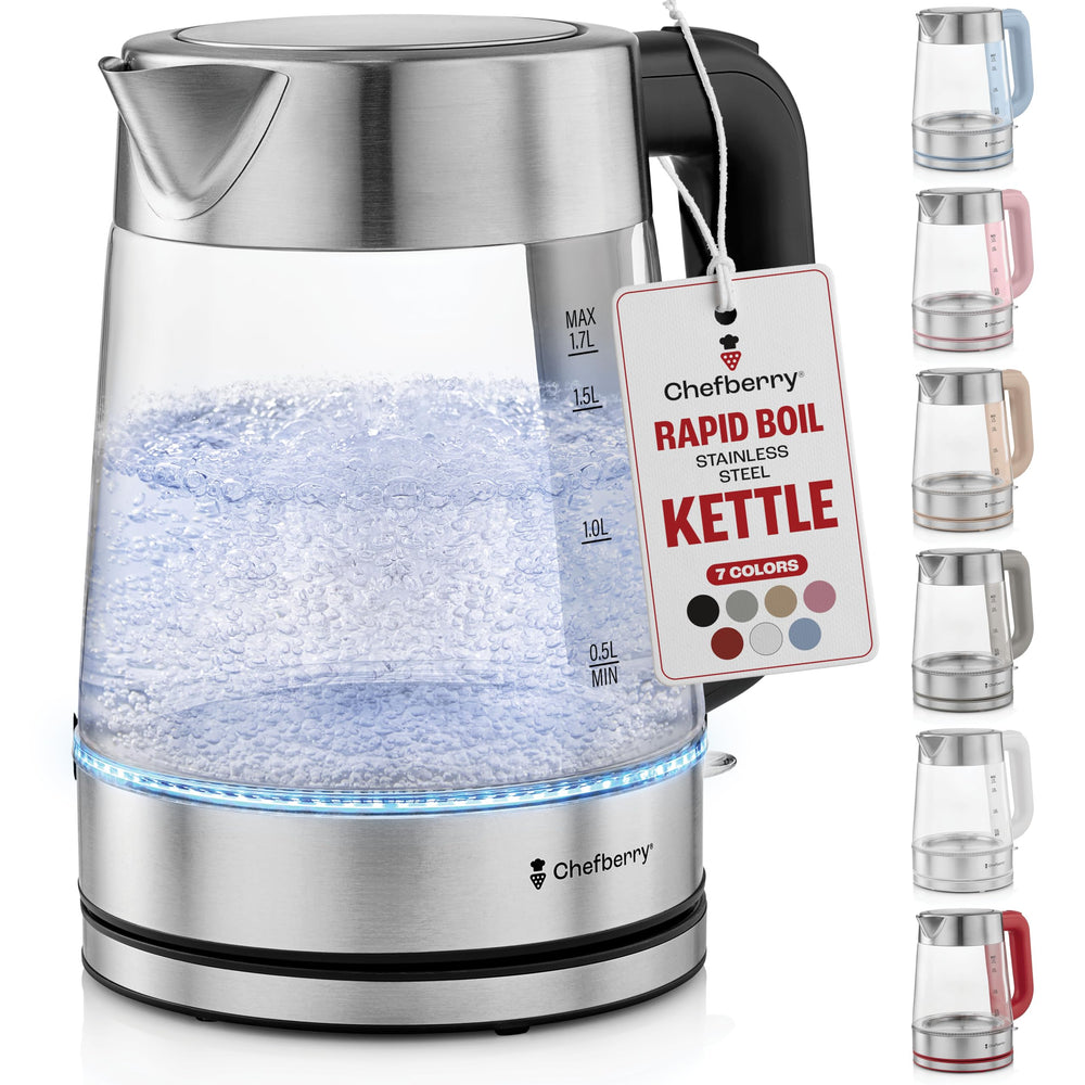 Chefberry electric kettle overview in the kitchen showing plastic-free water paths