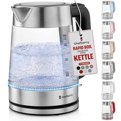 Chefberry electric kettle overview in the kitchen showing plastic-free water paths