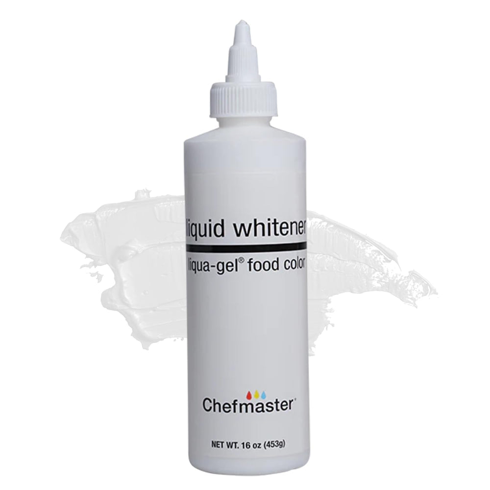 Chefmaster Liqua-Gel bottle drops for precise white color in royal icing.