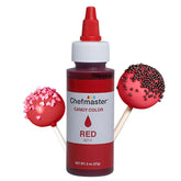 Chefmaster Red Candy Color bottle delivers a vibrant chocolate decoration color.