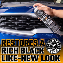 Chemical Guys Black On Black spray mist delivers even coverage on exterior trim.