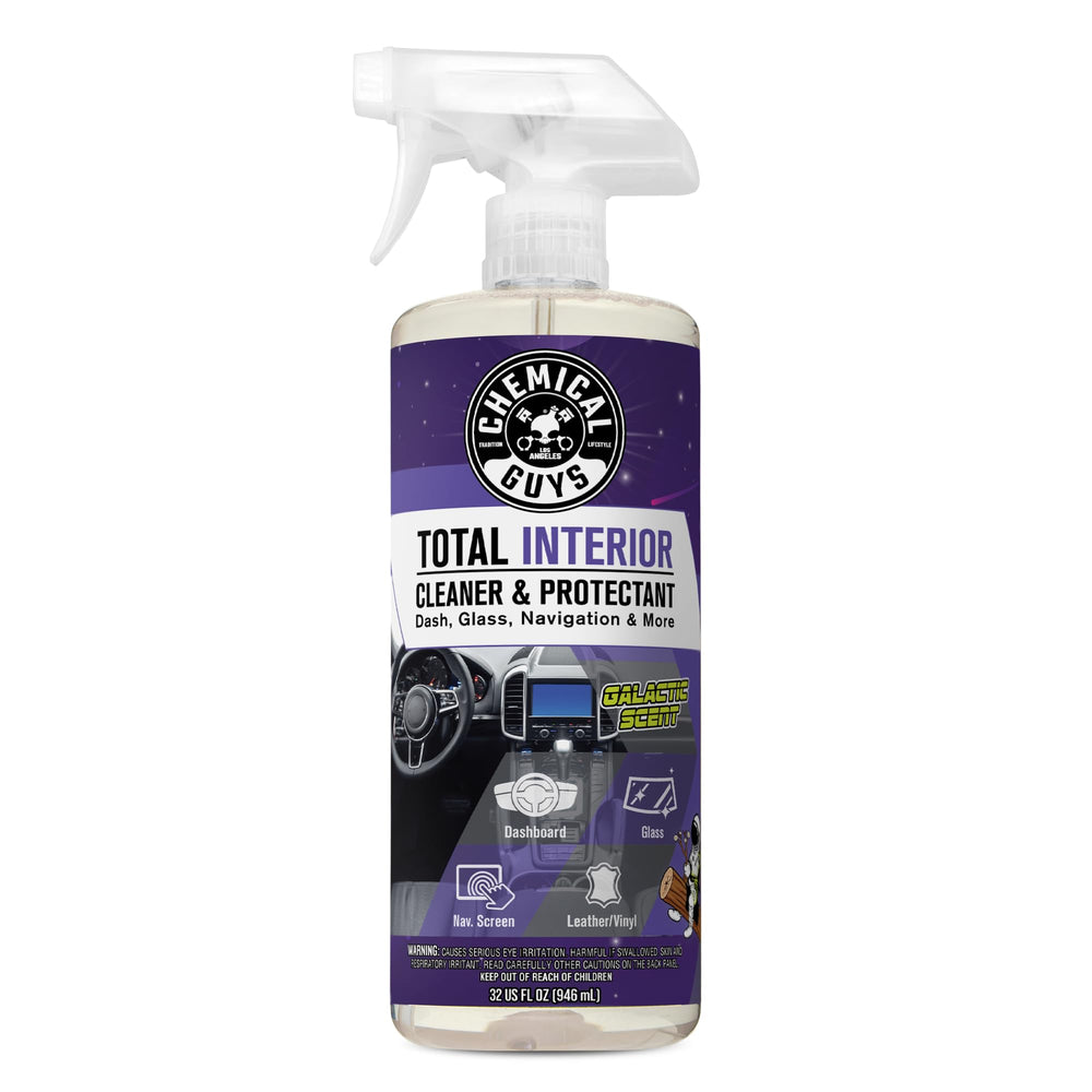 Chemical Guys Total Interior Cleaner & Protectant on dashboard for pristine, streak-free shine.