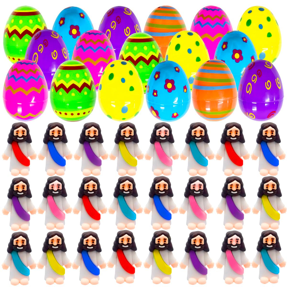 Cherislpy printed Easter eggs with Jesus dolls inside, ideal for Easter egg hunts and church activities