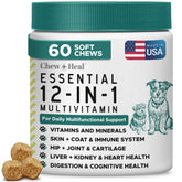 Chew + Heal Labs dog multivitamin bottle closeup showing 12-in-1 benefits.