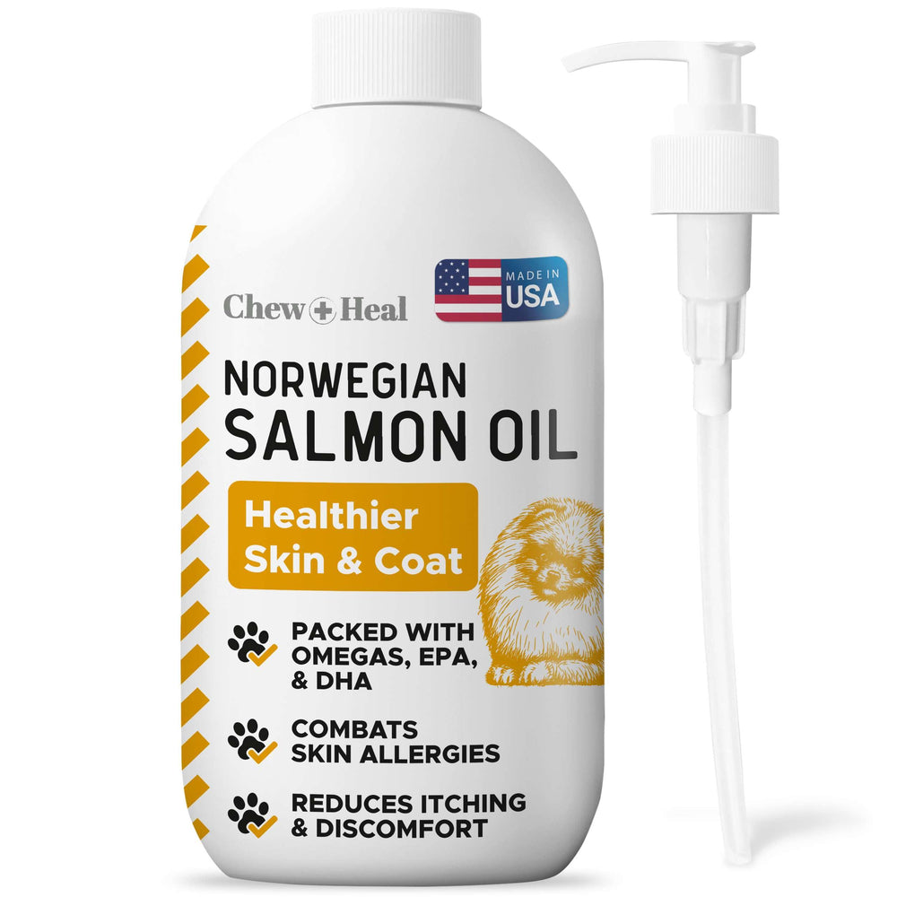 Chew + Heal Labs salmon oil bottle for pets, omega-rich supplement