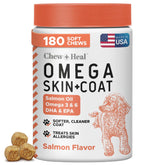Chew + Heal Labs salmon oil dog treats bottle highlighting a USA-made supplement for coat support.