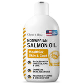 Chew + Heal Labs salmon oil for dogs bottle on kitchen counter promoting skin and coat health
