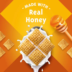 Chex Honey Nut cereal bowl served with milk for a tasty breakfast.