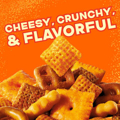 Chex Mix Cheddar Snack crackers and pretzels close-up.