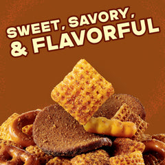 Chex Mix Honey BBQ corn and wheat Chex deliver crunchy texture.