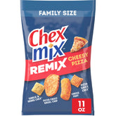 Chex Mix Remix Cheesy Pizza snack bag shows bold flavors for parties and movie nights.