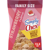Chex Mix Simply Chex Strawberry Creme Snack Mix bag, convenient and shareable for family snacking.