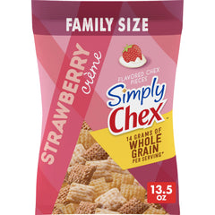 Chex Mix Simply Chex Strawberry Creme Snack Mix bag, convenient and shareable for family snacking.