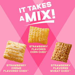 Pantry display of Simply Chex Strawberry Creme Snack Mix, ready for easy snacking access.