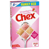 Chex Strawberry Vanilla Cereal box front, inviting family breakfast