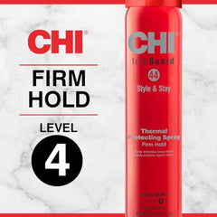 CHI 44 Iron Guard bottle on styling table for quick touchups.