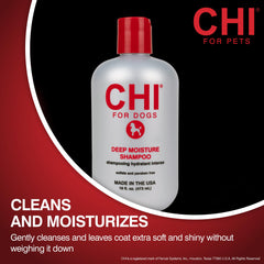 Hands lathering CHI for Dogs Deep Moisture Shampoo into a dog's fur during a bath.